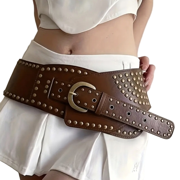 Belt M L Wide Studded Rocker Belts Retro Punk Fashion Brown Black Belt - Picture 7 of 14